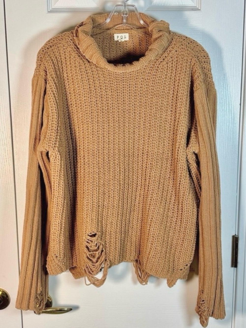 Anthropologie POL Distressed Oversized Turtleneck Sweater Tan Beige Small